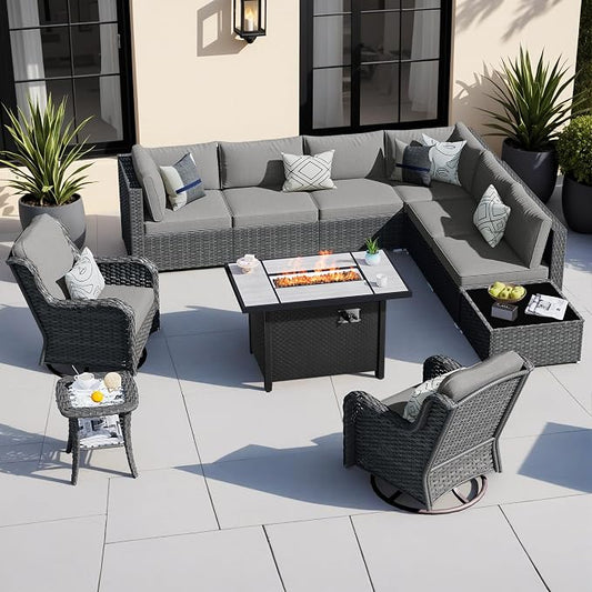 HOOOWOOO Outdoor Patio Furniture with Fire Pit Set 11 Pieces Patio Set with Fire Pit Wicker Outdoor Furniture with Fire Pit Table Set Patio Sectional Set with Swivel Chairs,Dark Gray