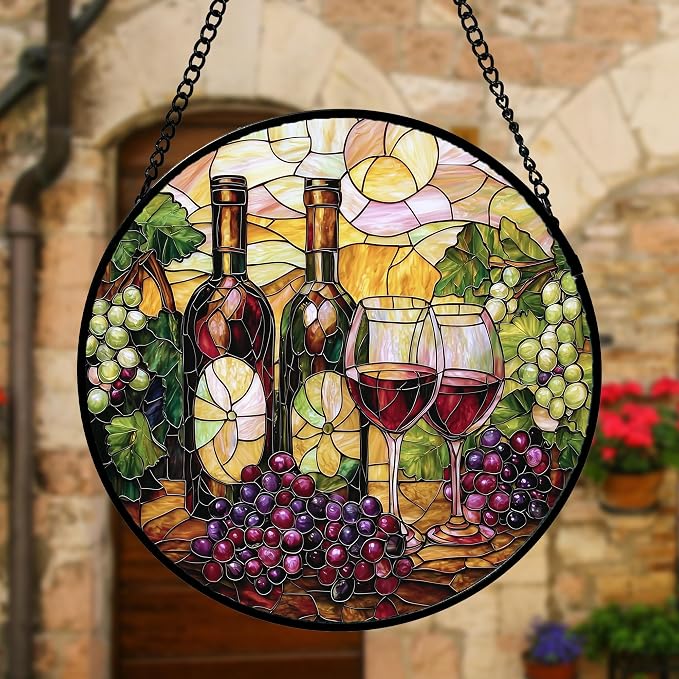 DASTOLL Stained Glass Window Hanging, Grapes and Wine Suncatcher Diamond Glass Panel Hangings Sun Catchers Decor for Birthday for Women, Men, Wife, Aunt, and Mom 6.3 in