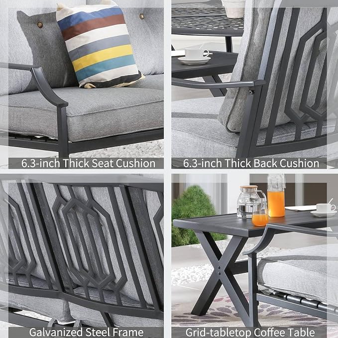 Patio Conversation Set Metal Outdoor Furniture Sets 3-Seater Sofa with Metal Coffee Table Thick Cushions (Grey)
