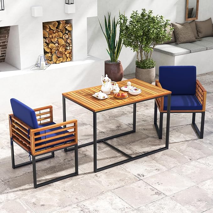 Tangkula Acacia Wood Patio Dining Table, 4-Person Rectangular Outdoor Dining Table with Metal Frame, Outdoor Patio Table for Porch, Garden, Deck, Lawn and Backyard
