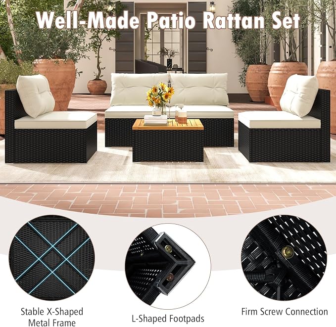 RELAX4LIFE 5-Piece Wicker Outdoor Furniture - PE Rattan Sectional Conversation Set w/4 Armless Sofas & Acacia Wood Coffee Table, Cushioned Patio Sofa Set for Garden Poolside Backyard Porch (Off White)