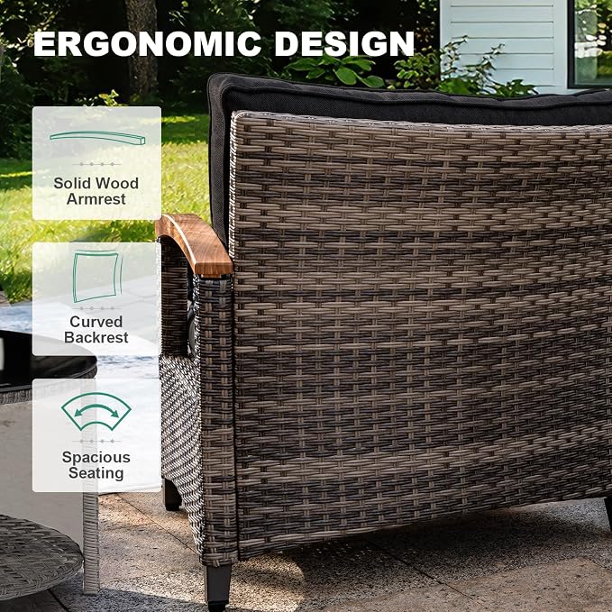 MEISSALIVVE 11-Piece Half-Moon Curved Outdoor Patio Furniture Set, Sectional Conversation Sofa with Wood Armrests, Coffee & Side Tables for Backyard Deck Garden, Black
