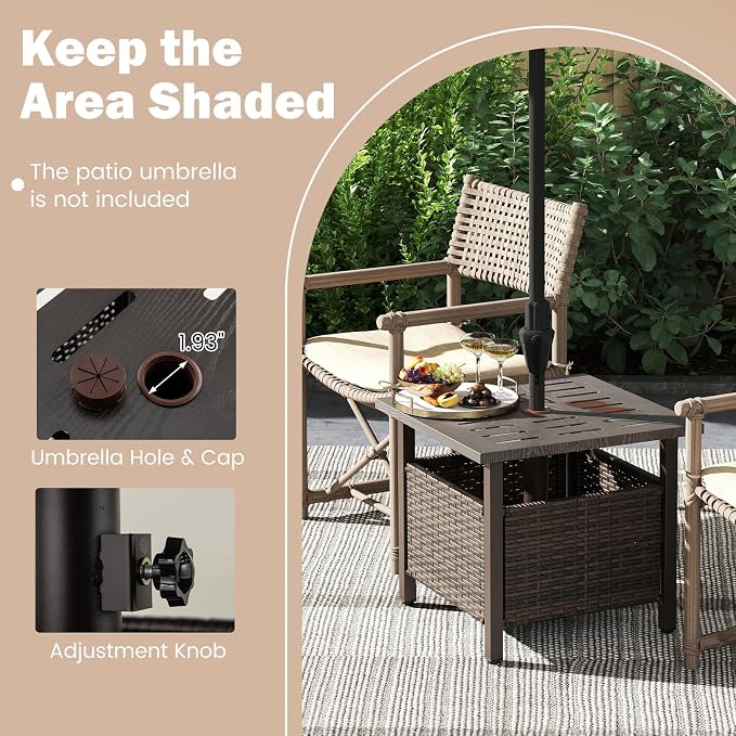 Outdoor Side Table with Umbrella Hole, Umbrella Table with Zinc-Iron Alloy Tabletop & Sturdy Galvanized Iron Frame, 22" Wicker End Table for Patio, Garden, Porch, Poolside(Mix Brown)