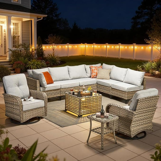 10 Pieces Outdoor Sectional Patio Furniture Set with Swivel Rocking Chairs,Wicker Conversation Sets Rattan L Shaped Couch,Modular Outdoor Sofa for Porch Balcony Backyard Grey