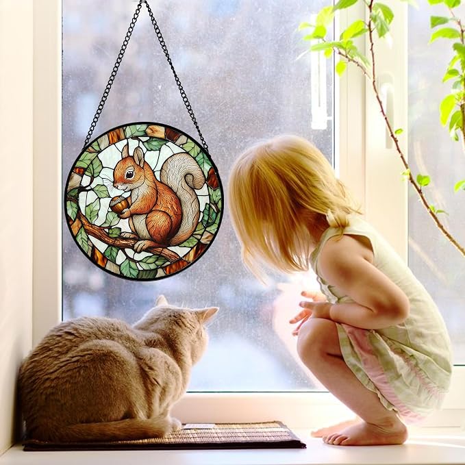 DASTOLL Stained Glass Window Hanging, Squirrel on a Branch Suncatcher Diamond Glass Panel Animal Sun Catchers Decor for Birthday for Women, Men, Wife, Aunt, and Mom 11.8x11.8 in