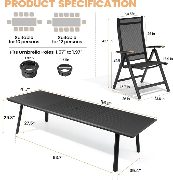 Pellebant 13 Pieces Aluminum Patio Table and Chairs Set - 118" Rectangular Table and Foldable Chair Outdoor Dining Set with Umbrella Hole, Weather Resistant Sturdy Frame for Deck, Porch & Backyard