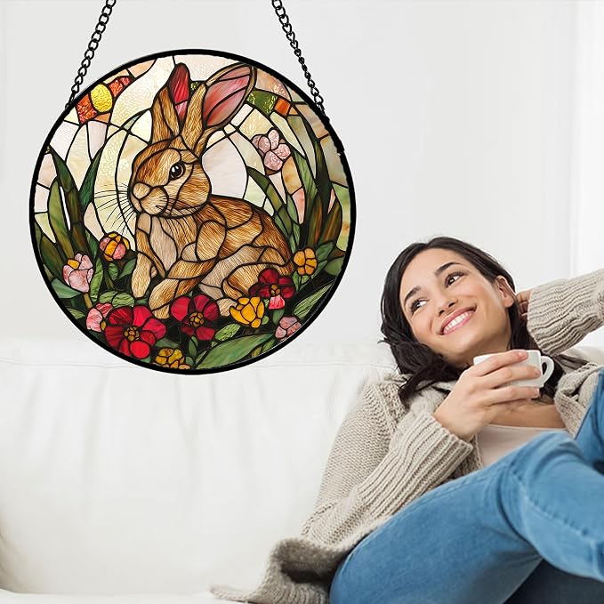 Stained Glass Window Hanging, Cute Bunny Flowers Sun Catcher for Window Door Home Decor, Rabbit Suncatcher Christmas Mother's Day Birthday Gifts for Women Men Mom and Nana 7.8 in