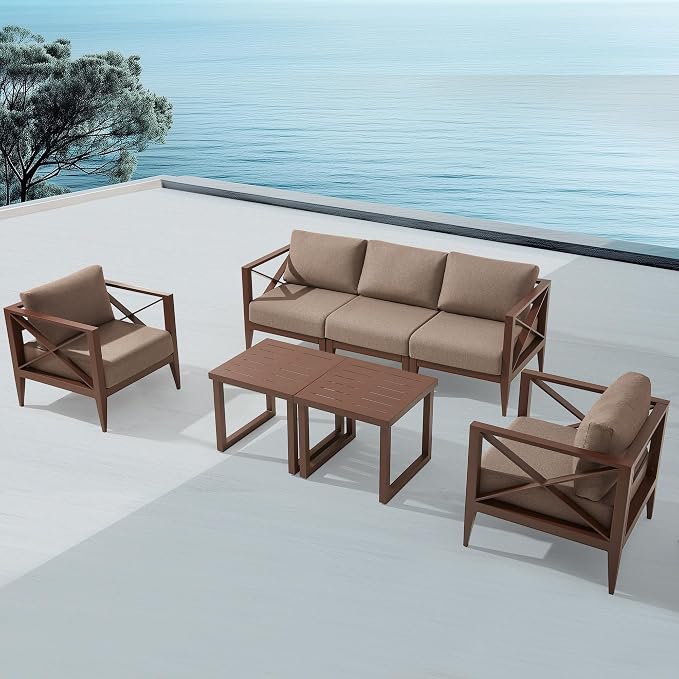 Outdoor Aluminum Patio Furniture Set, 5-Seats Patio Conversation Sofa Set with 2 Coffee Tables, All Weather for Pool, Balcony, Garden(Brown)