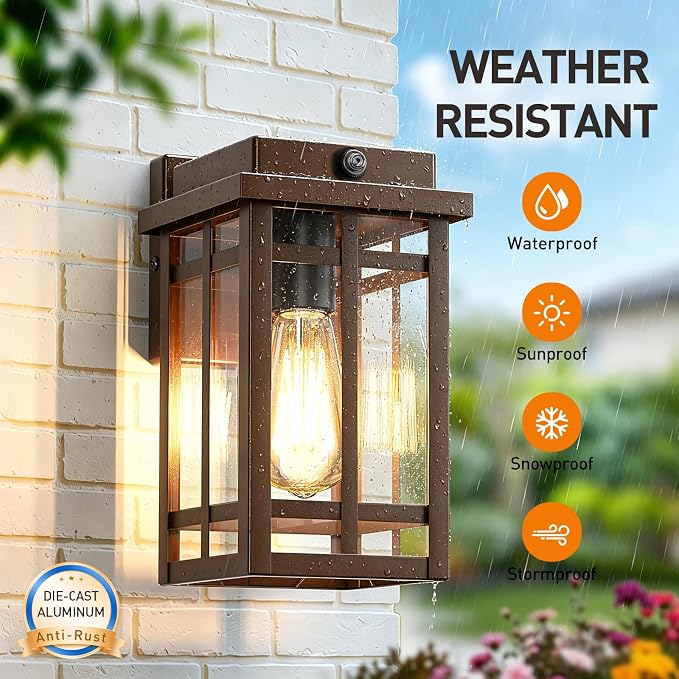 9.76'' Dusk to Dawn Outdoor Wall Light 2 Packs, Brown | Exterior Fixture Mount for House Front Porch, Anti-Rust Modern Lantern with Tempered Glass Shade for Garage