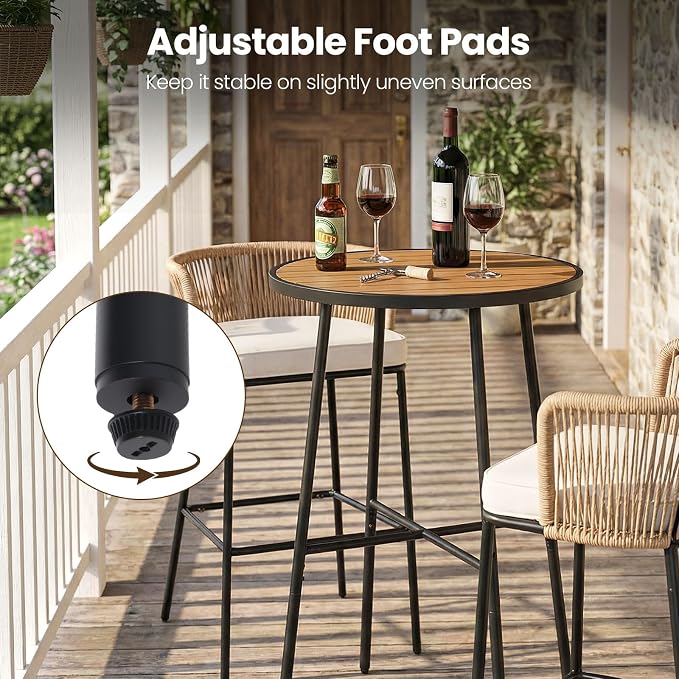 Giantex 41-inches Patio Bar Table, Acacia Wood Pub Table with Heavy-Duty Metal Frame, X-Shaped Support Bars, Adjustable Foot Pads, Round Cocktail Tables for Outdoor, Bistro, Balcony, Gathering