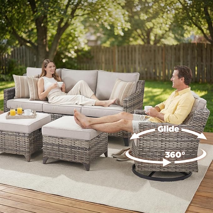 Belord Patio Wicker Swivel Rocker Patio Chairs with 3-Seater Sofa and 42.5" Fire Pit Table, Outdoor Furniture Set for Deck Porch Poolside, 8 Piece Patio Conversation Furniture Set,Beige