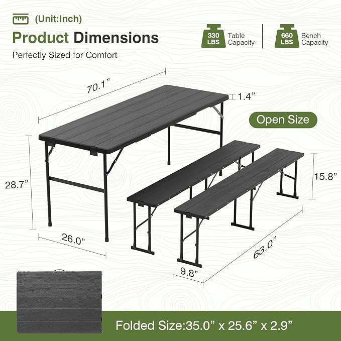 Picnic Table Set with 2 Benches,6 Feet Folding Camping Table Chair Set with Wood Grain Tabletop,3-Piece Outdoor Indoor Portable Folding Furniture for Party, Camping, Picnic, Weddings (Black)