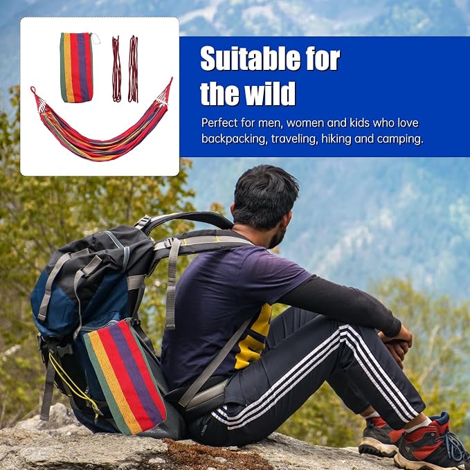 Kisangel Outdoor Striped Canvas Hammock Single Person 190x150cm with Curved Bar, Duckbill Buckle, Hanging Rope and Carry Bag for Camping Hiking Travel Patio Swing