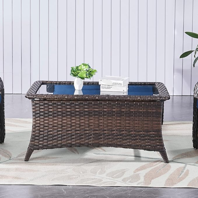 Belord Patio Coffee Table Outdoor Rectangular Glass Table, Handwoven Rattan Patio Furniture Brown Wicker Coffee Table Compatible with Patio Chairs and Sofa Sets for Backyard Sunroom Outside Lawn