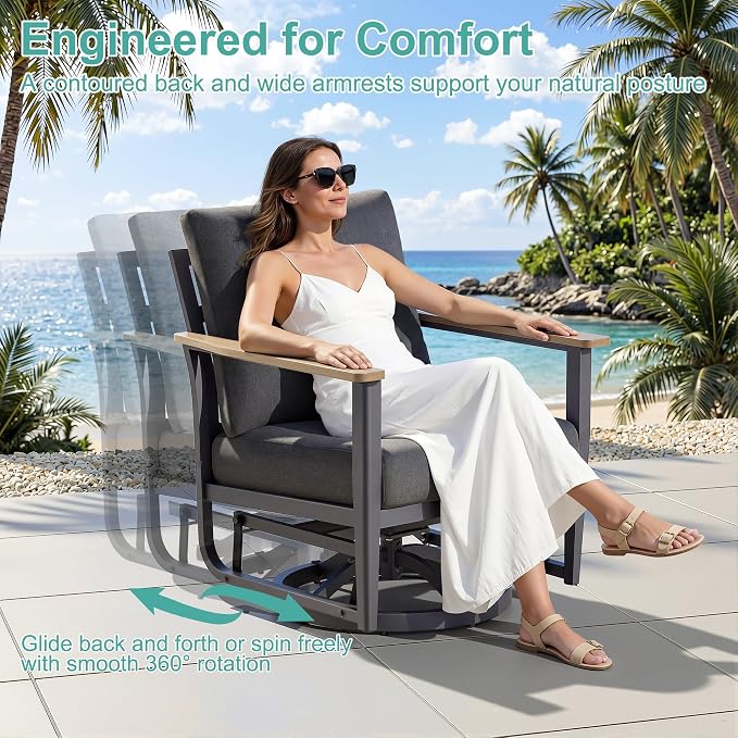 Aluminum Patio Swivel Rocking Chair Outdoor Bistro Set with Ottomans, 5PCS Patio Conversation Set Outdoor Patio Furniture Set with High Backrest & Thickened Cushions for Garden, Dark Grey