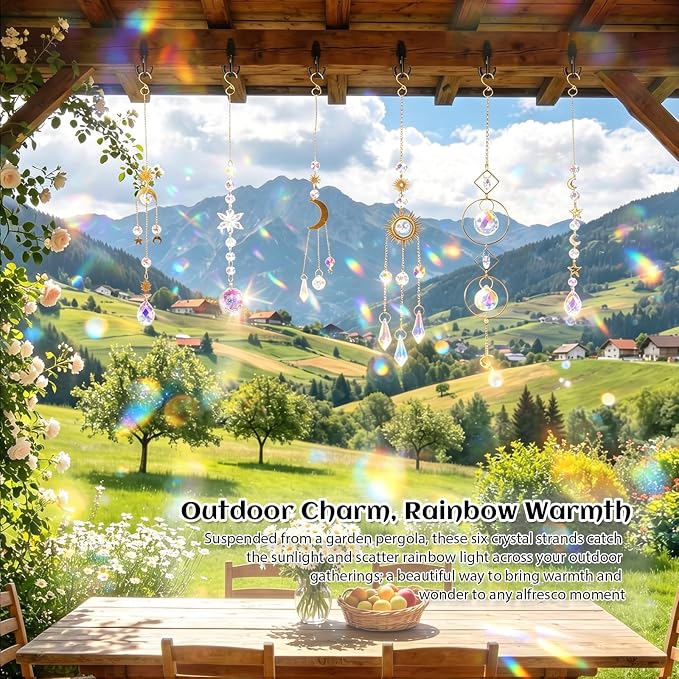 6 Pack Crystal Suncatchers for Window, Rainbow Prism Hanging Decor | Sun Catchers Indoor Hanging Decor with Sun Moon Star Charms, Sparkly Window Ornaments for Home, Office, Garden, Wedding Gift