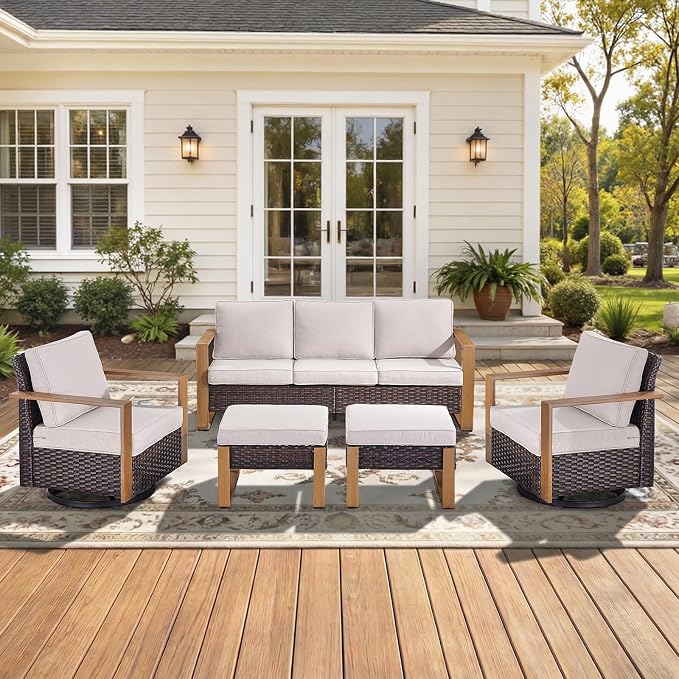 5-Piece Outdoor Patio Furniture Set with Swivel Chairs, All-Weather Wicker Sofa Set for Garden, Yard, Porch and Poolside Seating Beige