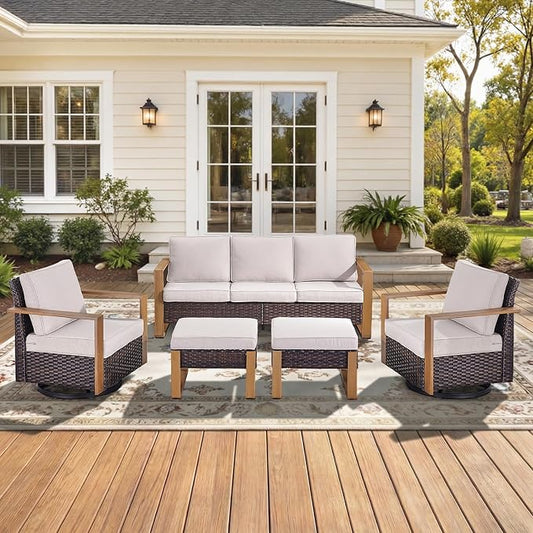 5-Piece Outdoor Patio Furniture Set with Swivel Chairs, All-Weather Wicker Sofa Set for Garden, Yard, Porch and Poolside Seating Beige