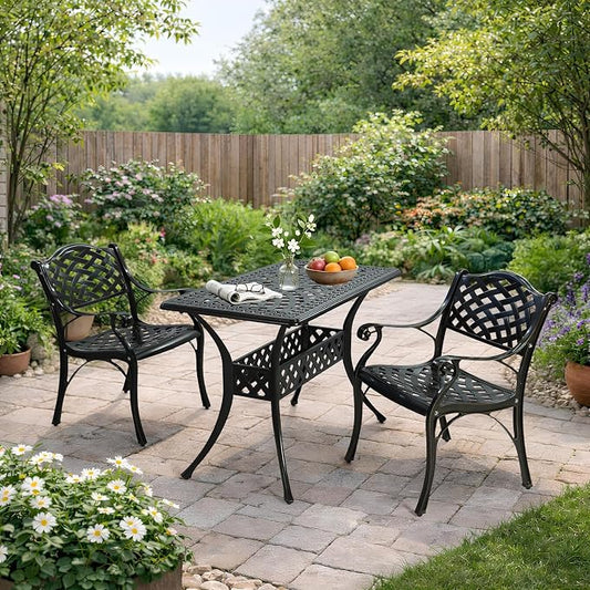VIVIJASON 3 Piece Patio Bistro Set, Cast Aluminum Outdoor Dining Set with 42" x 24" Rectangular Table and 2 Chairs, Rust Proof & Weather Resistant Furniture for Small Balcony, Porch, Garden, Deck