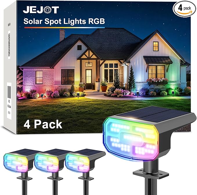 JEJOT Solar Spot Lights Outdoor Waterproof,4 Pack,8 Lighting Modes Solar Spotlights, Solar Lights for Yard Garden Lawn Landscape,Multicolor