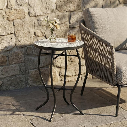 White Embossed Floral Mosaic Round Side Table, Vintage Patio End Table with Curved Black Wrought Iron Legs, Weather Resistant Small Accent Table for Balcony Backyard Porch Living Room