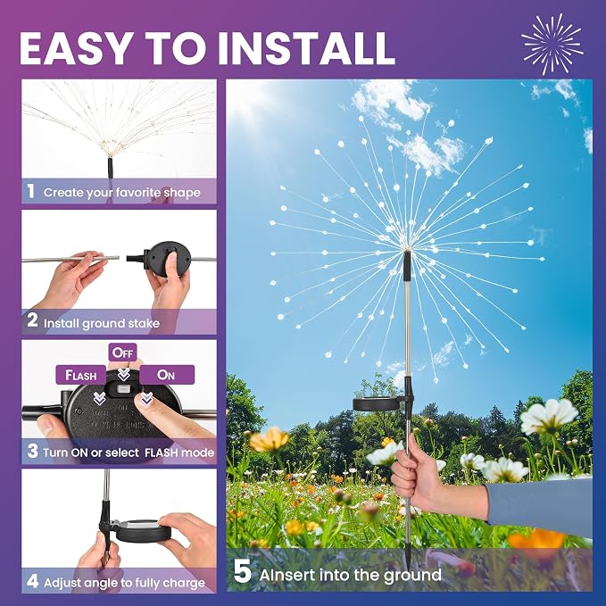PEVOROS Solar Firework Fairy Garden Lights Outdoor, Colorful, 8 Pack | 120 LEDs, Waterproof, Fairy Garden Decor, Auto On/Off, Solar Powered, for Yard, Patio, Porch, Flower Pot, Pathway