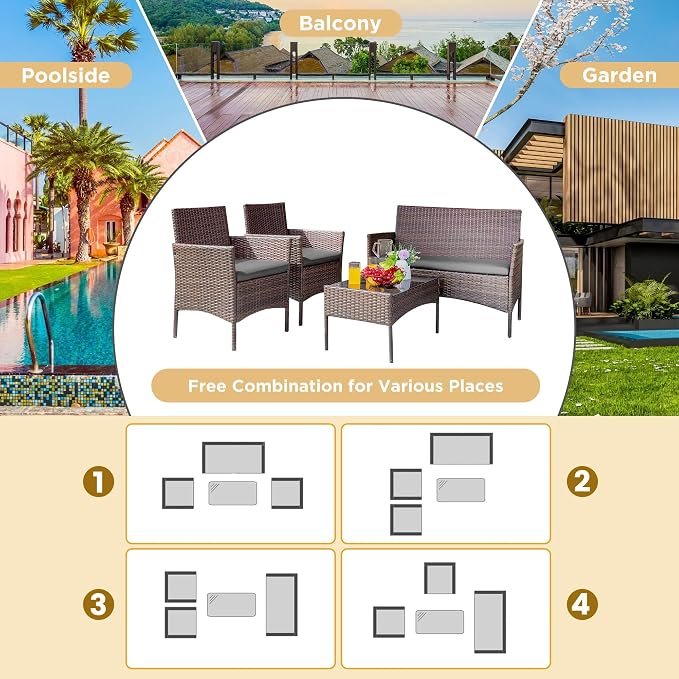 PROHIKER 4 Piece Outdoor Wicker Patio Conversation Furniture Set, Rattan Chair Wicker Sofa Garden Conversation Sets with Cushion and Glass Table for Yard Pool or Backyard, Brown/Dark Gray