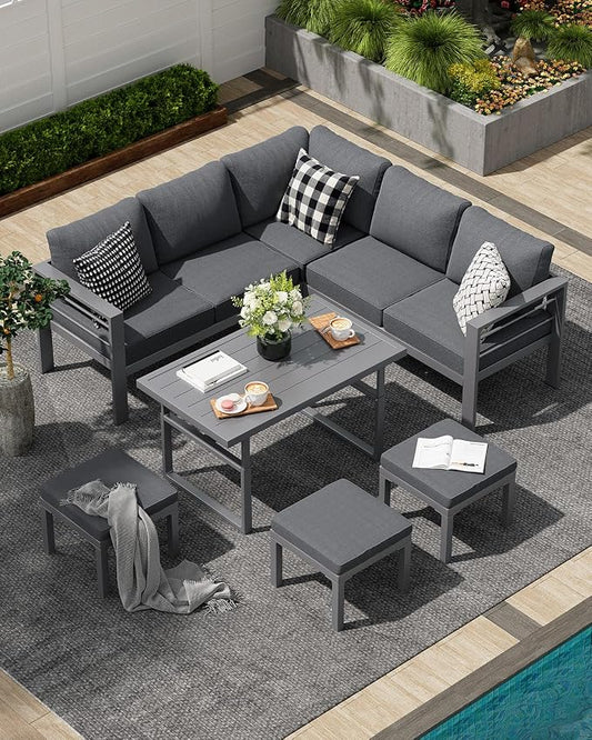 AECOJOY Aluminum Patio Furniture Set, 8 Seats Modern Outdoor Furniture with Adjustable Table, 7 Pieces Metal Conversation Sectional Sofa, Dark Gray