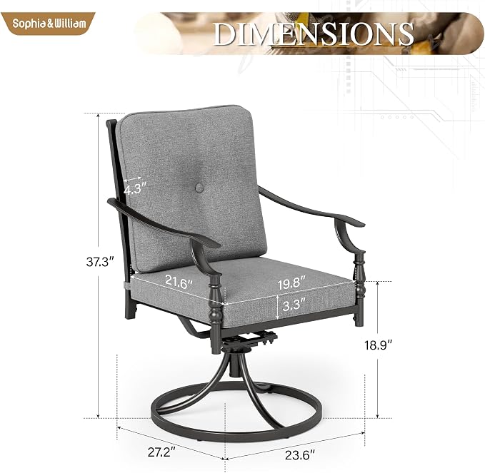 Sophia & William Outdoor Patio Swivel Dining Chairs Set of 2, Heavy Duty Patio Dining Chairs with Thickened Cushions, Wrought Iron Deck Chairs for Backyard, Poolside, Balcony and Garden