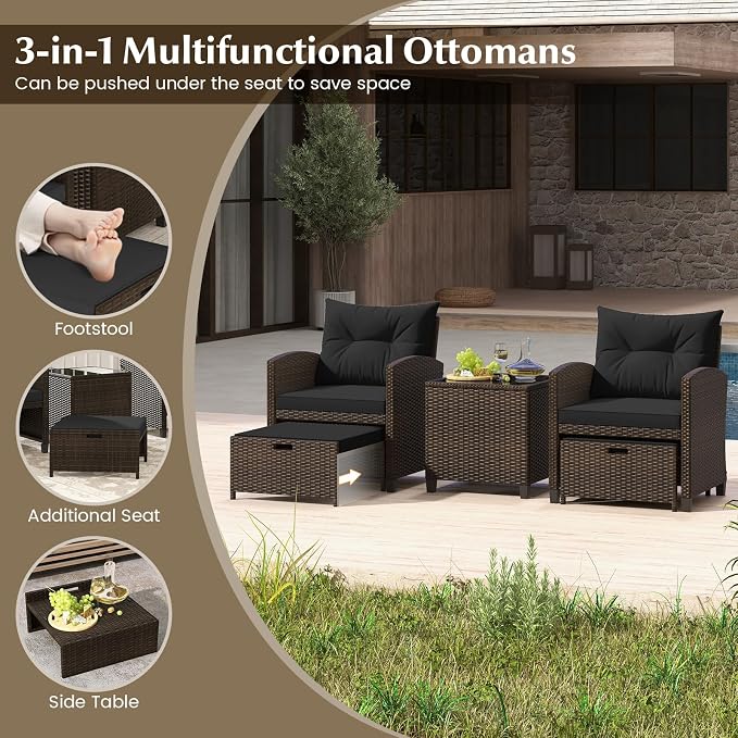 COSTWAY 5-Piece Rattan Conversation Set, Outdoor Wicker Sofa, Tempered Glass Coffee Table & Ottomans for Small Space, Boho Chic Indoor/Outdoor Furniture Set for Poolside, Backyard, Deck (Black)