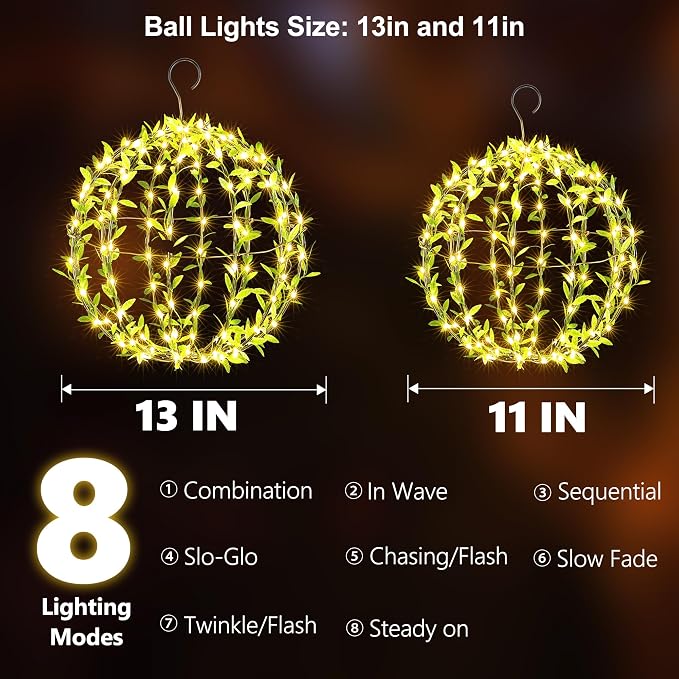 Joomer Solar Ball Lights Outdoor, 2Pack 13 & 11in Total 264 LED, Warm White | Solar Powered Hanging Globe Metal Sphere Lights, 8 Modes Waterproof with Hooks for Patio Garden Gazebo Decorative Tree Decor