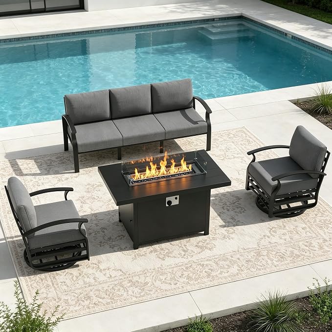 Aluminum Outdoor Patio Furniture Set,4 Pieces 5 Seats Patio Conversation Sets with 45" Propane Fire Pit Table,Metal Patio Sectional Furniture Set with 2 Swivel Rocking Chairs,Grey
