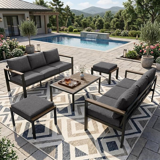 Outdoor Patio Furniture Set 5 Pieces Luxury Aluminum Patio Conversation Set with Coffee Table 8 Seats, Thick Cushions, Large Sectional Sofa for Porch, Balcony, Deck, Yard, Dark Gray