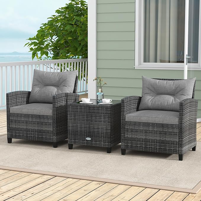 ORALNER Patio Furniture Set, 3 Pieces Outdoor Wicker Conversation Set, Rattan Chairs with Soft Cushions, Glass Coffee Table, Patio Bistro Set for Balcony Garden Deck Front Porch Poolside (Gray)