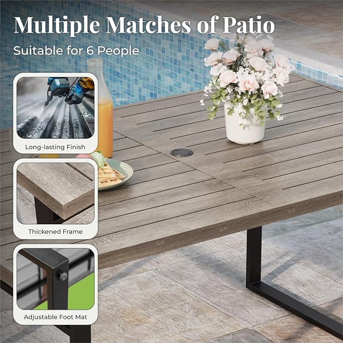 MIXPATIO 7-Piece Outdoor Dining Set 6 Red Textilene Chairs and Steel Tabletop with Wood Grain Rectangle Table for Deck Garden Backyard Lawn Poolside