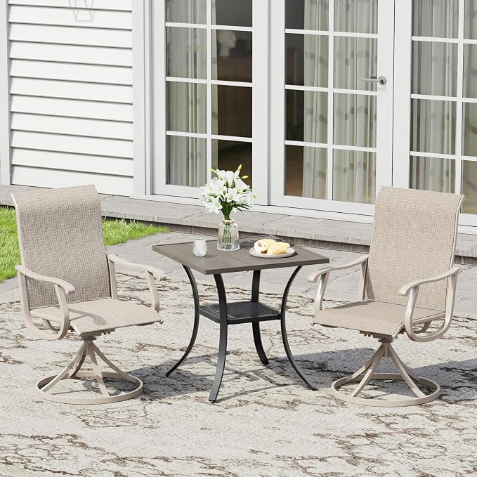 3 Pieces Patio Furniture Dining Set, 2 Textilene Swivel Dining Chairs, 28" Outdoor Square Metal Table with Storage Shelf, Outdoor Dining Set for Porch, Lawn, Garden, Grey/Sand
