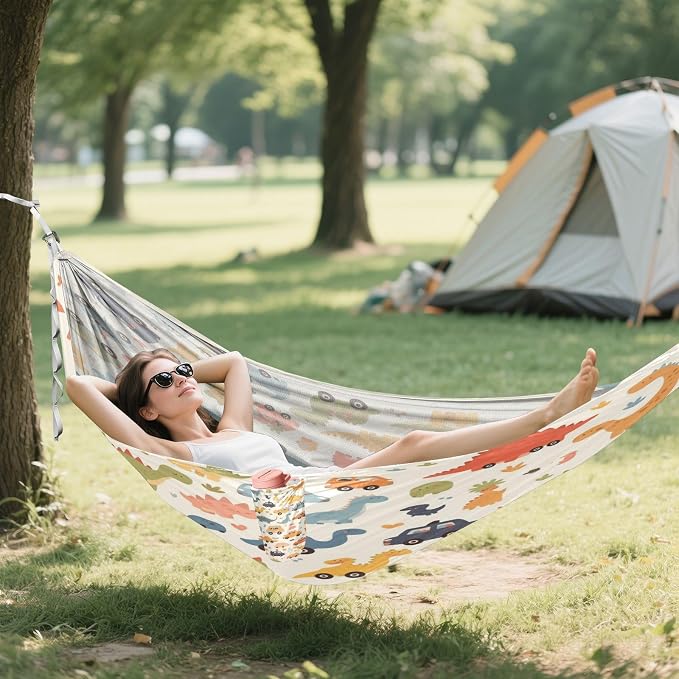 Cute Cars Dinosaurs Camping Hammock, Portable Lightweight Single Hammock with Tree Straps and Aluminum Carabiners, 114" x 54" Travel Hammock for Hiking Backpacking Beach