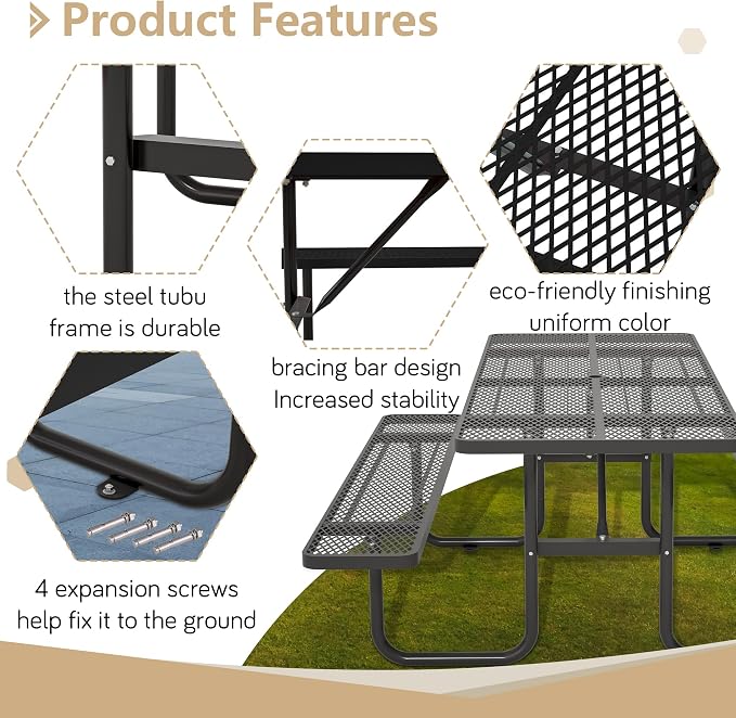 72 Inch Rectangular Metal Picnic Table with 1.73" Umbrella Hole, Heavy-Duty Steel Mesh Table Set, Weather Resistant Sturdy Outdoor Furniture, for Patio, Garden, Courtyard & BBQ, Black