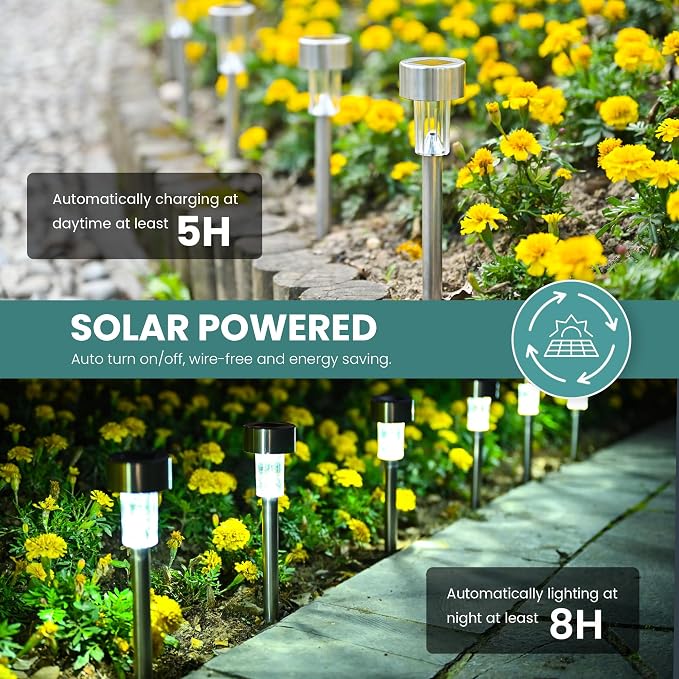 GIGALUMI 24 Pack Solar Lights Outdoor Waterproof,Stainless Steel LED Solar Garden Lights, Outdoor Solar Lights for Yard | Solar Pathway Lights, Solar Garden Lights for Patio, Lawn, Yard and Landscape LED (Cold White)