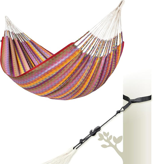 LA SIESTA® Flora Classic Cotton Hammock & TreeMount, Hammock & Tree Straps for Beams Posts - Indoor Outdoor Hammock, Extra Large Patio Hammock Bed Portable Hammock, 2 Person Hammock - King, Flower