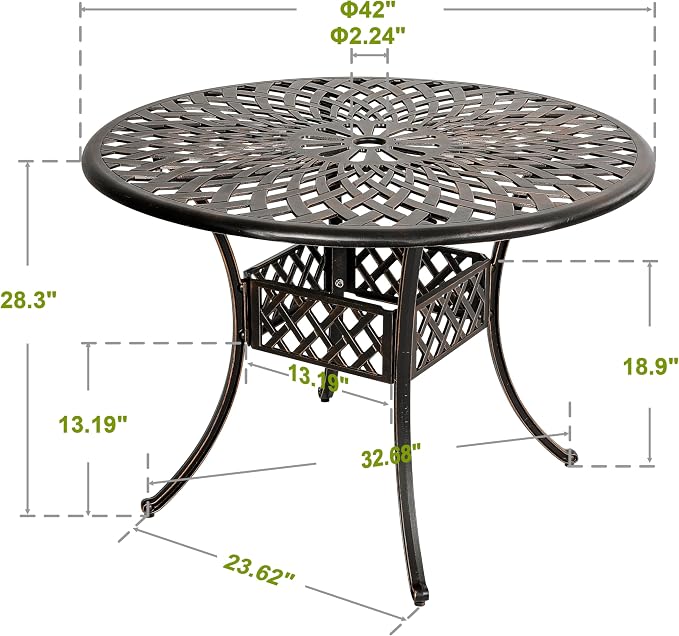 NUU GARDEN 42 Inch Outdoor Round Dining Table Cast Aluminum Tabletop with 2.24 Inch Umbrella Hole Patio Garden Backyard Balcony, Black with Gold-Painted Edges