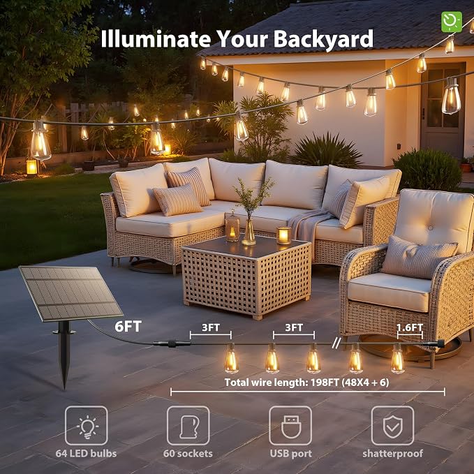 KYY 198FT(192+6) Solar String Lights Outdoor Waterproof with USB & Remote | Dimmable & Timable, Solar Powered Patio Lights with LED Shatterproof Bulbs for Deck Backyard Porch Garden Camping
