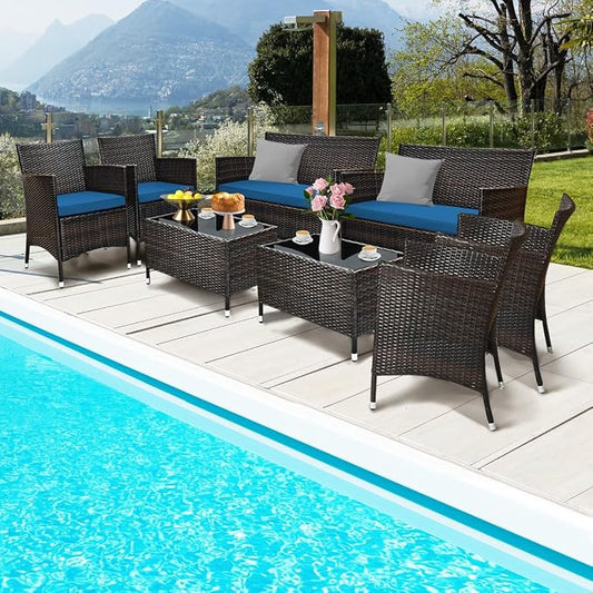 8 Pieces Patio Sofa Set, Wicker Conversation Set with Ergonomic Curved Backrest, Water-Resistant Cushion & Tempered Glass Table for Balcony, Porch (Peacock Blue)
