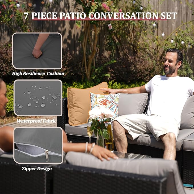 7 Piece Outdoor Sectional Outdoor Patio Furniture Set, Outdoor Patio Furniture Set with Coffee Table, Sectional Couch Sofa with Cushions, Wicker Outdoor Conversation Set for Backyard & Garden, Beige