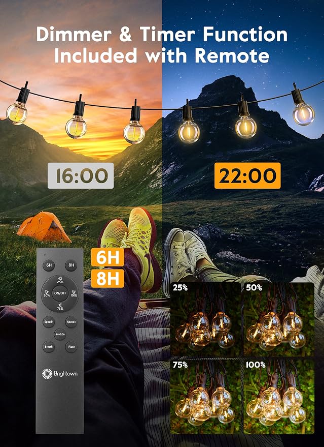 Brightown Outdoor String Lights with Remote, 2 Packs Each 38Ft 15 LED Patio Lights Outdoor Waterproof, String Lights for Outside, Dimmable Hanging Lights for Porch Balcony Bistro Cafe