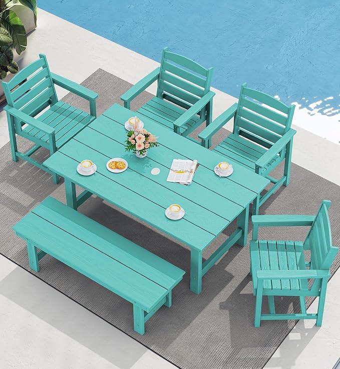 SERWALL 6 Pcs HDPE Dining Set, Includes 1 Table, 1 Bench & 4 Chairs, Aruba | Outdoor Dining Set with Bench, All-Weather Resistant SERWALL Dining Set for patio