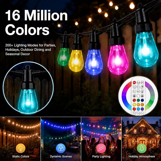 Outdoor String Lights 27FT, RGBW Patio Lights with App & Remote Control | 10 ST14 bulbs, RGBW color modes, app control, remote control, music mode, timer, patio decor