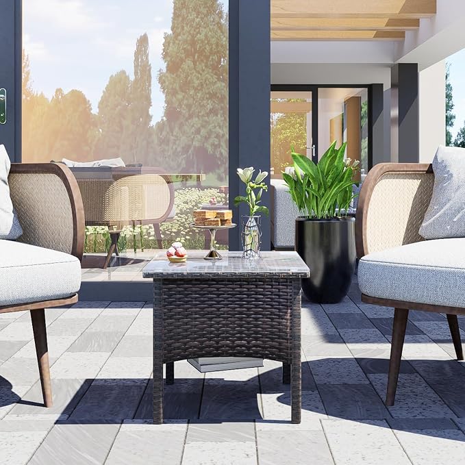 Rattan Side Table,Outdoor Patio Wicker Table,Modern Patio End Side Table with Glass Countertop and Storage Space,for Garden Balcony Porch (Brown2)