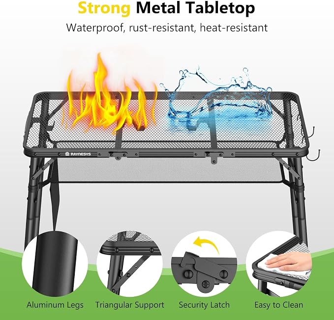 Raynesys Tri-fold Camping Table, 35.43"x15.75", Aluminum Frame Folding Tables, 3 Heights Adjustable Grill Table with Storage Bag, Portable Handle for Picnic Cooking BBQ Camping Outdoor, Black