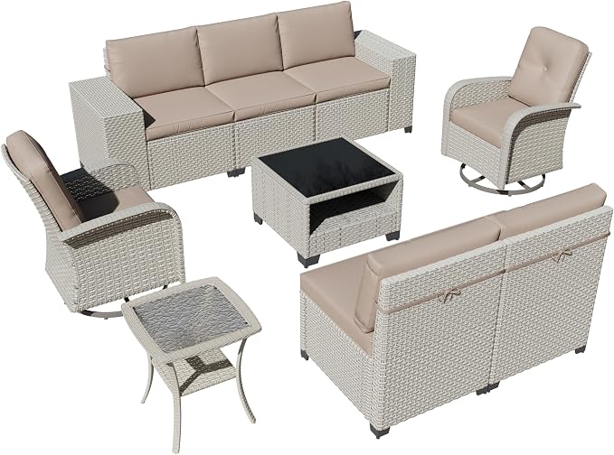 9-Piece Outdoor Patio Furniture Set, Modular Sectional Sofa Set with Swivel Rocker Chairs, Wicker Outdoor Couch Conversation Sets w/Coffee Table and Cushions, Khaki